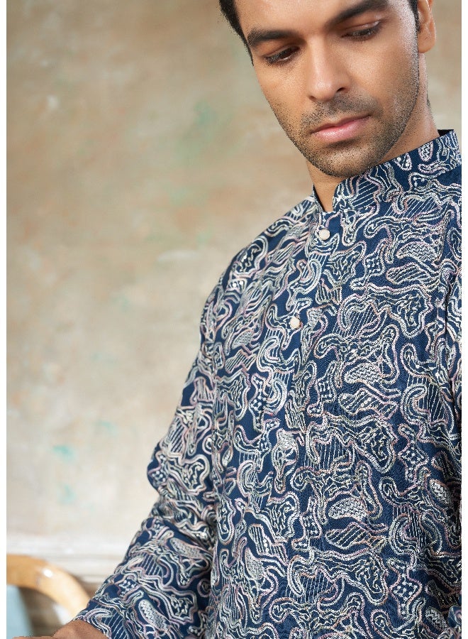 OUTLUK Teal Blue Embroidered Kurta for Men - Image 3